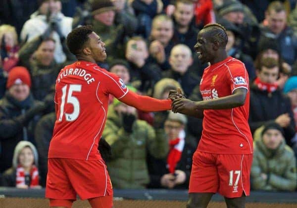 LIVERPOOL, ENGLAND - Saturday, January 31, 2015: Liverpool's Daniel Sturridge celebrates scoring the second goal against West Ham United during the Premier League match at Anfield. (Pic by David Rawcliffe/Propaganda)