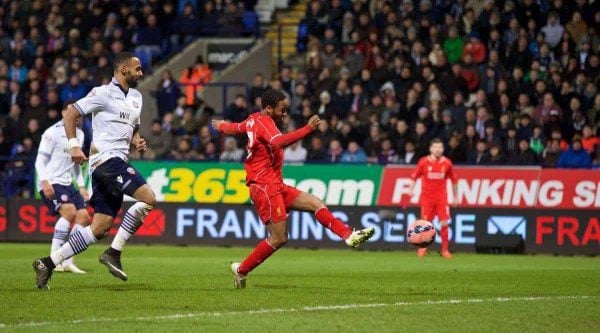 BOLTON, ENGLAND - Wednesday, February 4, 2015: Liverpool's Raheem Sterling scores the first goal against Bolton Wanderers during the FA Cup 4th Round Replay match at the Reebok Stadium. (Pic by David Rawcliffe/Propaganda)