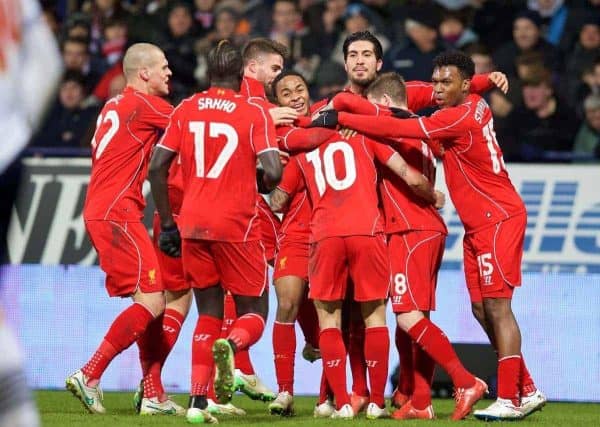 BOLTON, ENGLAND - Wednesday, February 4, 2015: Liverpool's Philippe Coutinho Correia celebrates scoring the winning second goal in injury time against Bolton Wanderers during the FA Cup 4th Round Replay match at the Reebok Stadium. (Pic by David Rawcliffe/Propaganda)