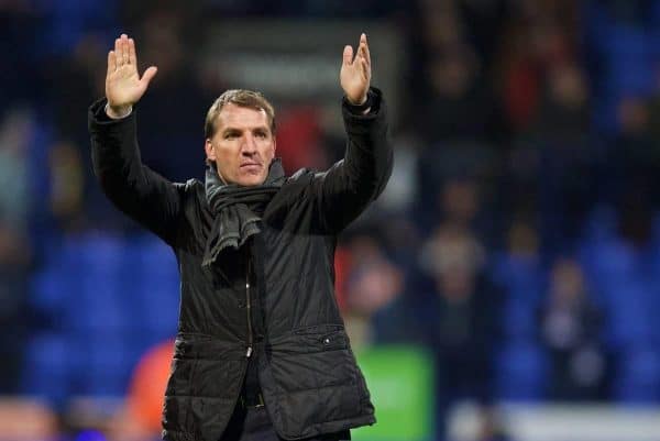 BOLTON, ENGLAND - Wednesday, February 4, 2015: Liverpool's manager Brendan Rodgers celebrates after a 2-1 victory over Bolton Wanderers during the FA Cup 4th Round Replay match at the Reebok Stadium. (Pic by David Rawcliffe/Propaganda)