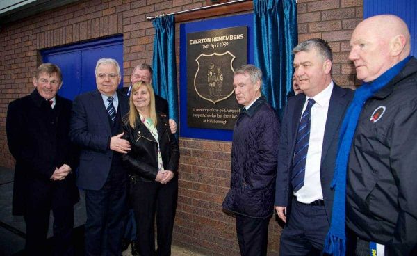 LIVERPOOL, ENGLAND - Friday, February 6, 2015: Hillsborough campaigner Margaret Aspinall CBE and Everton's chairman and owner Bill Kenwright unveil a memorial to the victims of the Hillsborough Stadium Disaster, before the Premier League match between Liverpool and Everton at Goodison Park, the 224th Merseyside Derby. non-executive director Kenny Dalglish, Colin Harvey, Ian Snodin, Steven Kelly. (Pic by David Rawcliffe/Propaganda)