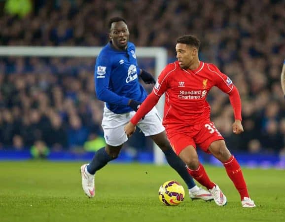 LIVERPOOL, ENGLAND - Friday, February 6, 2015: Liverpool's Jordon Ibe in action against Everton during the Premier League match at Goodison Park, the 224th Merseyside Derby. (Pic by David Rawcliffe/Propaganda)