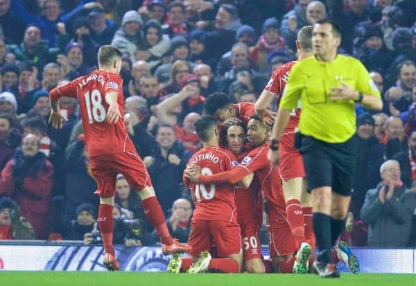 LIVERPOOL, ENGLAND - Tuesday, February 10, 2015: Liverpool's Lazar Markovic celebrates scoring the first goal against Tottenham Hotspur during the Premier League match at Anfield. (Pic by David Rawcliffe/Propaganda)