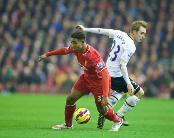 LIVERPOOL, ENGLAND - Tuesday, February 10, 2015: Liverpool's Jordon Ibe in action against Tottenham Hotspur during the Premier League match at Anfield. (Pic by David Rawcliffe/Propaganda)