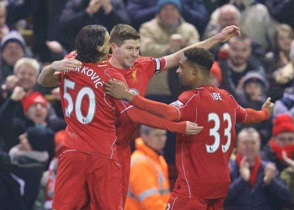 LIVERPOOL, ENGLAND - Tuesday, February 10, 2015: Liverpool's captain Steven Gerrard celebrates scoring the second goal against Tottenham Hotspur from the penalty spot during the Premier League match at Anfield. (Pic by David Rawcliffe/Propaganda)