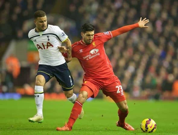 LIVERPOOL, ENGLAND - Tuesday, February 10, 2015: Liverpool's Emre Can in action against Tottenham Hotspur's Kyle Walker during the Premier League match at Anfield. (Pic by David Rawcliffe/Propaganda)