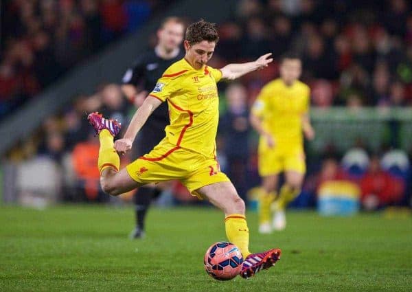 LONDON, ENGLAND - Saturday, February 14, 2015: Liverpool's Joe Allen in action against Crystal Palace during the FA Cup 5th Round match at Selhurst Park. (Pic by David Rawcliffe/Propaganda)