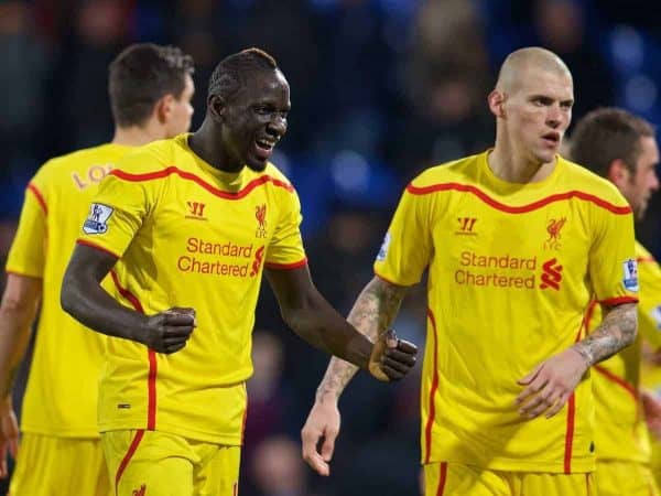 LONDON, ENGLAND - Saturday, February 14, 2015: Liverpool's Mamadou Sakho celebrates after the 2-1 victory over Crystal Palace during the FA Cup 5th Round match at Selhurst Park. (Pic by David Rawcliffe/Propaganda)