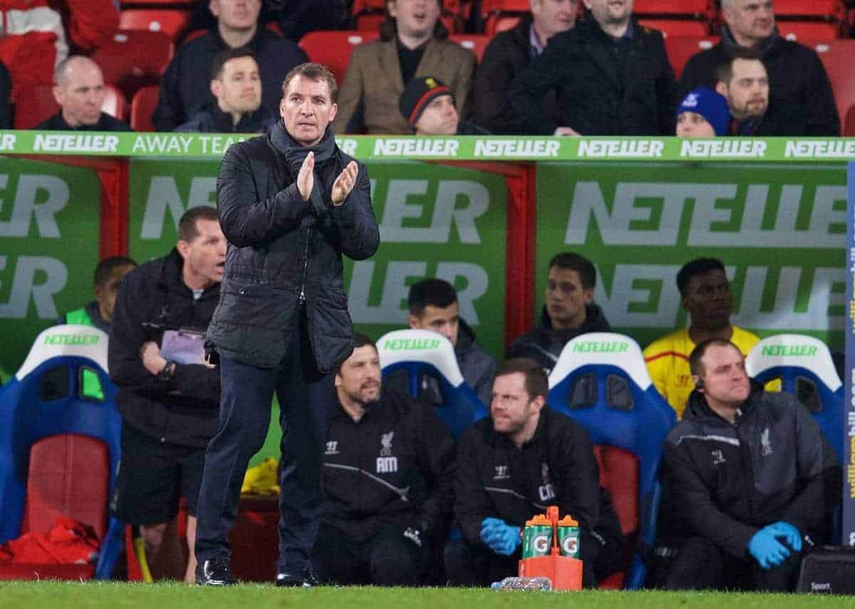 LONDON, ENGLAND - Saturday, February 14, 2015: Liverpool's manager Brendan Rodgers during the FA Cup 5th Round match against Crystal Palace at Selhurst Park. (Pic by David Rawcliffe/Propaganda)