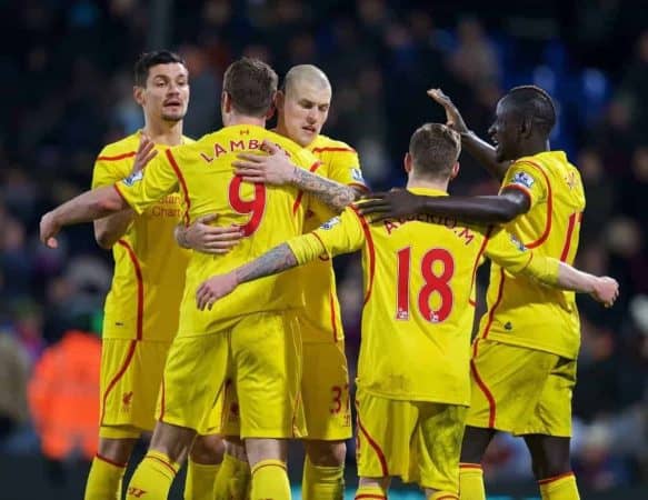 LONDON, ENGLAND - Saturday, February 14, 2015: Liverpool's Dejan Lovren, Rickie Lambert, Martin Skrtel, Alberto Moreno and Mamadou Sakho celebrate after the 2-1 victory over Crystal Palace during the FA Cup 5th Round match at Selhurst Park. (Pic by David Rawcliffe/Propaganda)