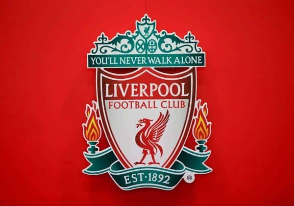 LIVERPOOL, ENGLAND - Wednesday, February 18, 2015: The Liverpool FC badge during a press conference ahead of the UEFA Europa League Round of 32 1st leg match against Besiktas JK at Anfield. (Pic by David Rawcliffe/Propaganda) (General Pic)