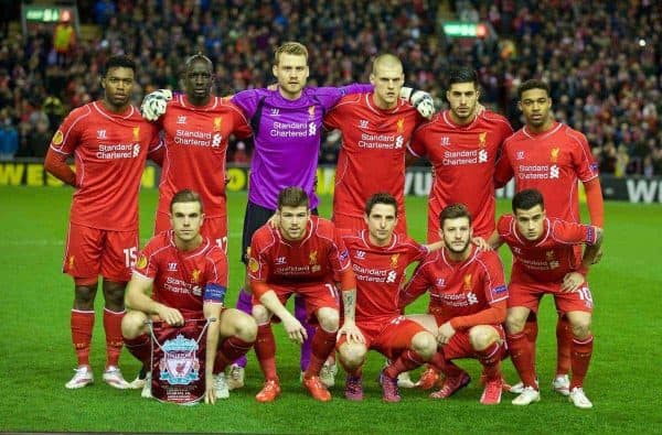 LIVERPOOL, ENGLAND - Thursday, February 19, 2015: Liverpool's players line up for a team group photograph before the UEFA Europa League Round of 32 1st Leg match against Besiktas JK at Anfield. Front row L-R: Daniel Sturridge, Mamadou Sakho, goalkeeper Simon Mignolet, Martin Skrtel, Emre Can, Jordon Ibe. Front row L-R: Jordan Henderson, Alberto Moreno, Joe Allen, goalkeeper Simon Mignolet, Philippe Coutinho Correia. (Pic by David Rawcliffe/Propaganda)