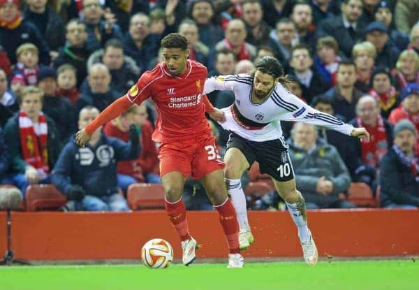 LIVERPOOL, ENGLAND - Thursday, February 19, 2015: Liverpool's Jordon Ibe in action against Besiktas JK's Olcay Sahan during the UEFA Europa League Round of 32 1st Leg match at Anfield. (Pic by David Rawcliffe/Propaganda)