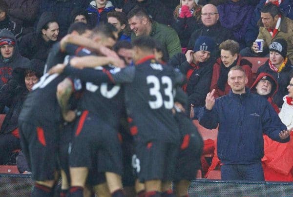 SOUTHAMPTON, ENGLAND - Sunday, February 22, 2015: A Southampton supporter shows his feelings as Liverpool's Philippe Coutinho Correia celebrates scoring the first goal against Southampton during the FA Premier League match at St Mary's Stadium. (Pic by David Rawcliffe/Propaganda)