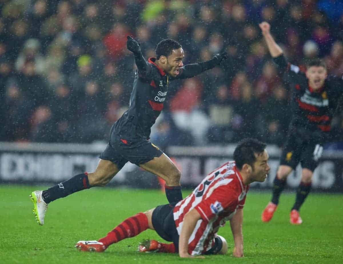 SOUTHAMPTON, ENGLAND - Sunday, February 22, 2015: Liverpool's Raheem Sterling celebrates scoring the second goal against Southampton during the FA Premier League match at St Mary's Stadium. (Pic by David Rawcliffe/Propaganda)