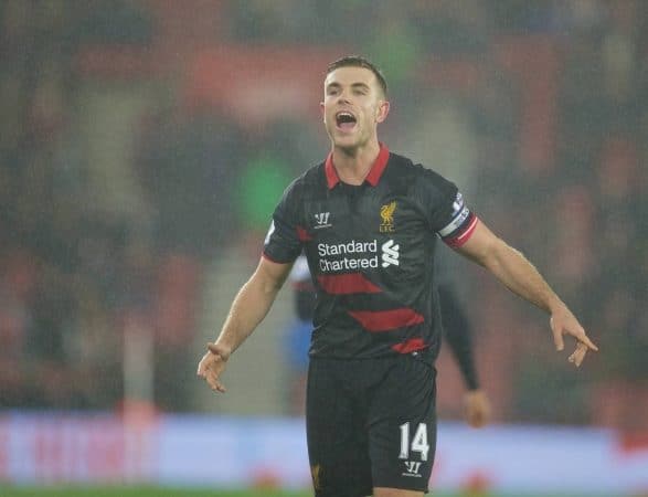 SOUTHAMPTON, ENGLAND - Sunday, February 22, 2015: Liverpool's Raheem Sterling celebrates scoring the second goal against Southampton during the FA Premier League match at St Mary's Stadium. (Pic by David Rawcliffe/Propaganda)