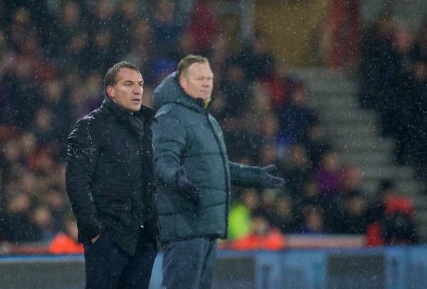 SOUTHAMPTON, ENGLAND - Sunday, February 22, 2015: Liverpool's manager Brendan Rodgers and Southampton's manager Ronald Koeman during the FA Premier League match at St Mary's Stadium. (Pic by David Rawcliffe/Propaganda)