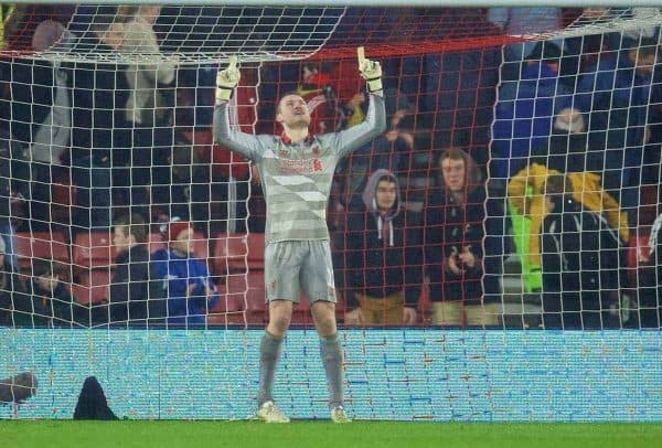 SOUTHAMPTON, ENGLAND - Sunday, February 22, 2015: Liverpool's goalkeeper Simon Mignolet celebrates after his clean sheet and 2-0 victory over Southampton during the FA Premier League match at St Mary's Stadium. (Pic by David Rawcliffe/Propaganda)