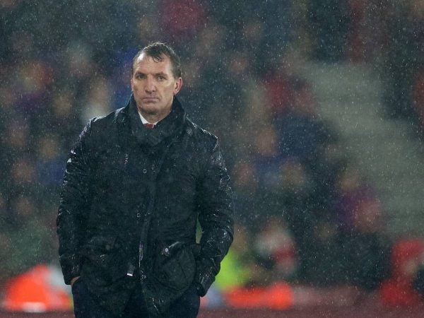 SOUTHAMPTON, ENGLAND - Sunday, February 22, 2015: Liverpool's manager Brendan Rodgers in the rain during the FA Premier League match against Southampton at St Mary's Stadium. (Pic by David Rawcliffe/Propaganda)