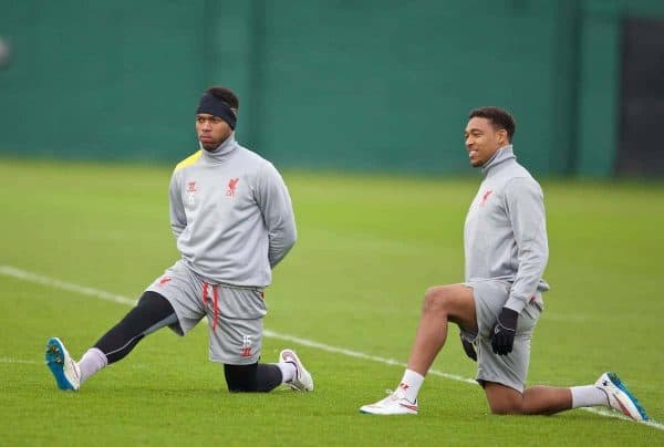 LIVERPOOL, ENGLAND - Wednesday, February 25, 2015: Liverpool's Daniel Sturridge and Jordon Ibe during a training session at Melwood Training Ground ahead of the UEFA Europa League Round of 32 2nd Leg match against Besiktas JK. (Pic by David Rawcliffe/Propaganda)