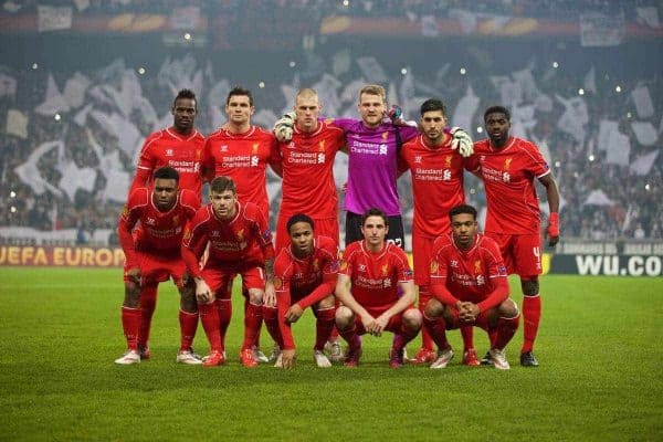 ISTANBUL, TURKEY - Thursday, February 26, 2015: Liverpool's players line up for a team group photograph before the UEFA Europa League Round of 32 2nd Leg match against Besiktas JK at the Ataturk Olympic Stadium. Back row L-R: Mario Balotelli, Dejan Lovren, Martin Skrtel, goalkeeper Simon Mignolet, Emre Can, Kolo Toure. Front row L-R: Daniel Sturridge, Alberto Moreno, Raheem Sterling, Joe Allen, Jordon Ibe. (Pic by David Rawcliffe/Propaganda)