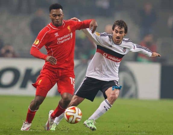 ISTANBUL, TURKEY - Thursday, February 26, 2015: Liverpool's Daniel Sturridge in action against Besiktas JK's Veli Kavlak during the UEFA Europa League Round of 32 2nd Leg match at the Ataturk Olympic Stadium. (Pic by David Rawcliffe/Propaganda)