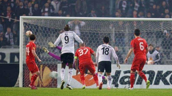 ISTANBUL, TURKEY - Thursday, February 26, 2015: Besiktas JK's Tolgay Ali Arslan scores the first goal against Liverpool during the UEFA Europa League Round of 32 2nd Leg match at the Ataturk Olympic Stadium. (Pic by David Rawcliffe/Propaganda)