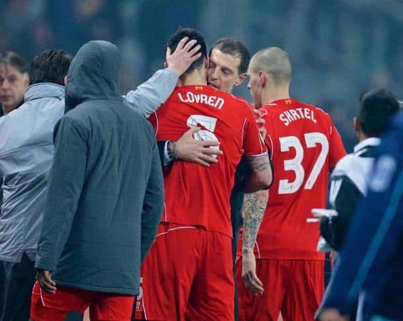 ISTANBUL, TURKEY - Thursday, February 26, 2015: Besiktas JK's head coach Slaven Bilic consoles Liverpool's Dejan Lovren, who missed the vital fifth penalty shooting over the bar in the shoot-out after a 1-1 aggregate draw, during the UEFA Europa League Round of 32 2nd Leg match at the Ataturk Olympic Stadium. (Pic by David Rawcliffe/Propaganda)