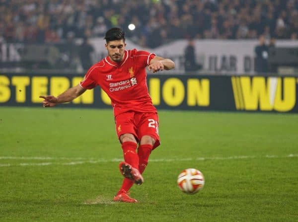 ISTANBUL, TURKEY - Thursday, February 26, 2015: Liverpool's Emre Can scores his side's second penalty goal of the shoot-out against Besiktas JK during the UEFA Europa League Round of 32 2nd Leg match at the Ataturk Olympic Stadium. (Pic by David Rawcliffe/Propaganda)