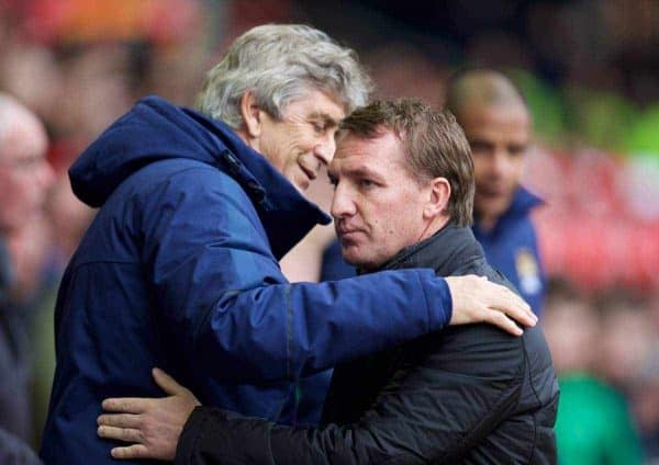 LIVERPOOL, ENGLAND - Sunday, March 1, 2015: Liverpool's manager Brendan Rodgers and Manchester City's manager Manuel Pellegrini before the Premier League match at Anfield. (Pic by David Rawcliffe/Propaganda)