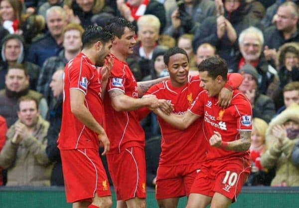 LIVERPOOL, ENGLAND - Sunday, March 1, 2015: Liverpool's Philippe Coutinho Correia celebrates scoring the second goal against Manchester City during the Premier League match at Anfield. (Pic by David Rawcliffe/Propaganda)