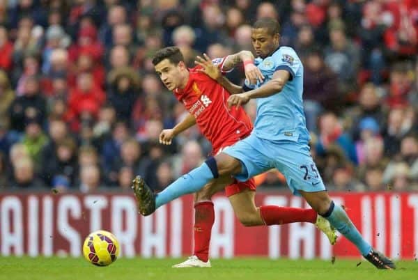 LIVERPOOL, ENGLAND - Sunday, March 1, 2015: Liverpool's Philippe Coutinho Correia in action against Manchester City's Fernando Luiz Roza 'Fernandinho' during the Premier League match at Anfield. (Pic by David Rawcliffe/Propaganda)