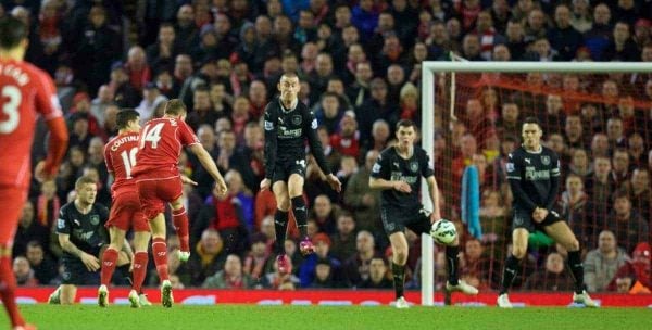 LIVERPOOL, ENGLAND - Wednesday, March 4, 2015: Liverpool's captain Jordan Henderson scores the first goal against Burnley during the Premier League match at Anfield. (Pic by David Rawcliffe/Propaganda)