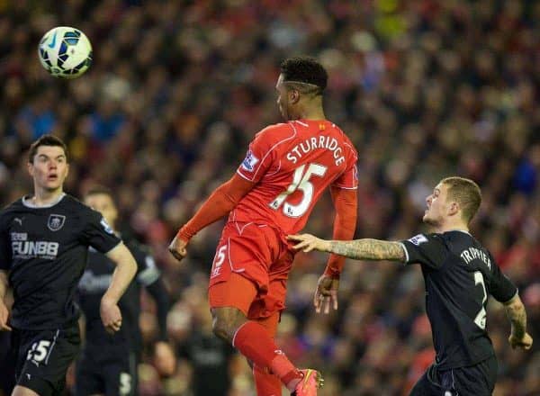 LIVERPOOL, ENGLAND - Wednesday, March 4, 2015: Liverpool's Daniel Sturridge scores the second goal against Burnley during the Premier League match at Anfield. (Pic by David Rawcliffe/Propaganda)