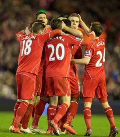 LIVERPOOL, ENGLAND - Wednesday, March 4, 2015: Liverpool's celebrates scoring the second goal against Burnley during the Premier League match at Anfield. (Pic by David Rawcliffe/Propaganda)