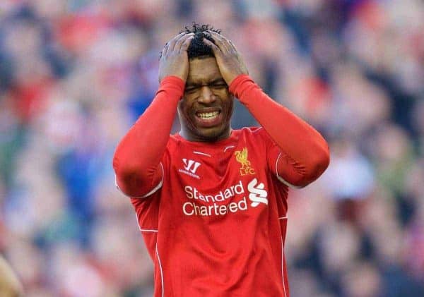 LIVERPOOL, ENGLAND - Sunday, March 8, 2015: Liverpool's Daniel Sturridge rues a missed chance against Blackburn Rovers during the FA Cup 6th Round Quarter-Final match at Anfield. (Pic by David Rawcliffe/Propaganda)