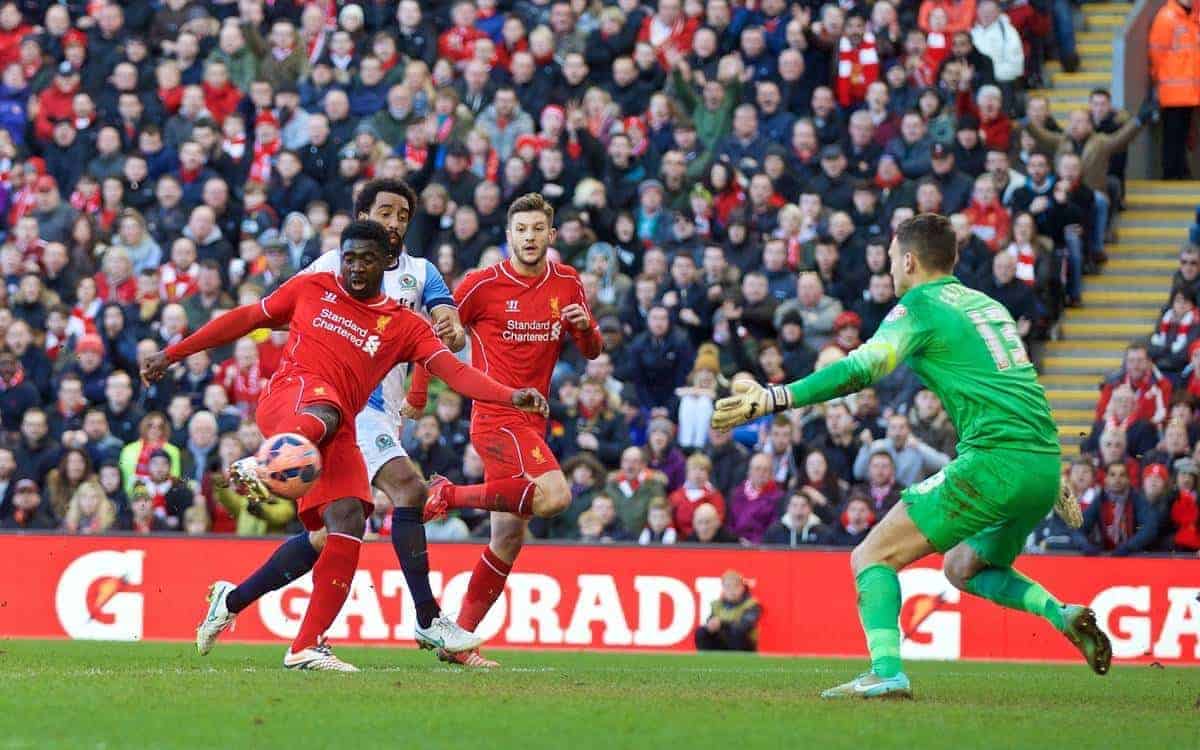 LIVERPOOL, ENGLAND - Sunday, March 8, 2015: Liverpool's Kolo Toure sees his goal disallowed for offside against Blackburn Rovers during the FA Cup 6th Round Quarter-Final match at Anfield. (Pic by David Rawcliffe/Propaganda)