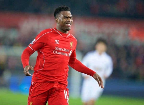 SWANSEA, ENGLAND - Monday, March 16, 2015: Liverpool's Daniel Sturridge looks dejected against Swansea City during the Premier League match at the Liberty Stadium. (Pic by David Rawcliffe/Propaganda)