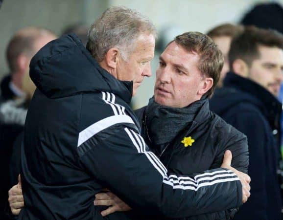 SWANSEA, ENGLAND - Monday, March 16, 2015: Liverpool's manager Brendan Rodgers and Swansea City's coach Alan Curtis before the Premier League match at the Liberty Stadium. (Pic by David Rawcliffe/Propaganda)