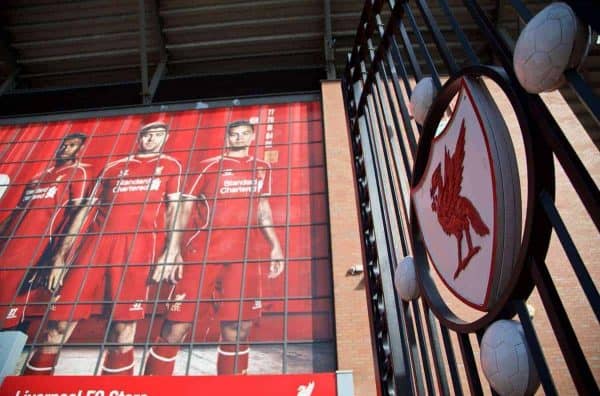 LIVERPOOL, ENGLAND - Sunday, March 22, 2015: Posters of Liverpool's Daniel Sturridge, captain Steven Gerrard and Philippe Coutinho Correia in front of the Paisley Gates pictured before the Premier League match against Manchester United at Anfield. (Pic by David Rawcliffe/Propaganda)