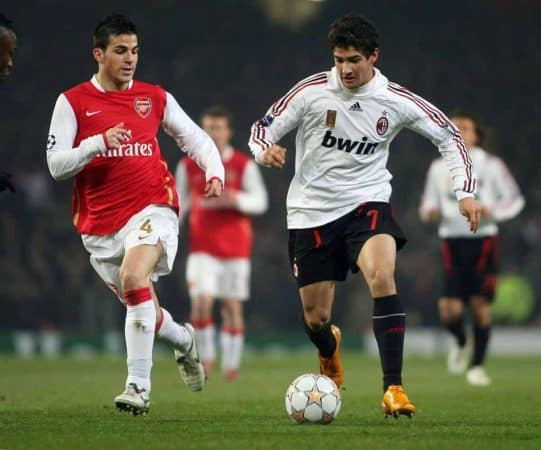 LONDON, ENGLAND - Wednesday, February 20, 2008 : Arsenal's Cesc Fabregas in action against AC Milan's Pato during the UEFA Champions 1st Knockout Round, 1st Leg match at The Emirates Stadium. (Photo by Chris Ratcliffe/Propaganda)