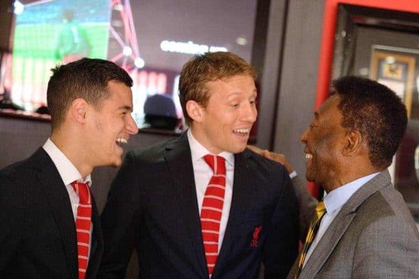 Subway Global Ambassador and greatest footballer of all time Pelé (right) meets with fellow Brazilian footballers and current Liverpool FC stars Lucas Leiva (center) and Philippe Coutinho (left) prior to the Liverpool FC v. Manchester United match in Liverpool, UK, Sunday, March 22. Subway is the official training food partner of Liverpool FC. (Photo by Anthony McArdle for SUBWAY Restaurants/Liverpool FC)