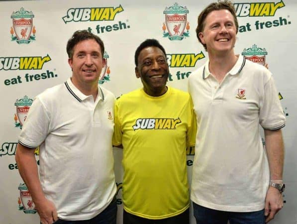 SUBWAY Global Ambassador Pelé, center, the greatest footballer of all time, meets Liverpool FC legends Robbie Fowler (left), and Steve McManaman (right) at a SUBWAY Restaurant in London, Friday, March 20, 2015, prior to the Liverpool FC v. Manchester United football match. SUBWAY Restaurants is the Official Training Food Partner of Liverpool FC. (Photo by Mark Allan/Invision for SUBWAY Restaurants/AP Images)