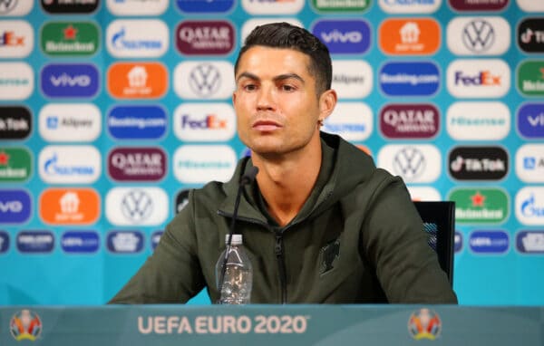 BUDAPEST, HUNGARY - JUNE 14: In this Handout picture provided by UEFA, Cristiano Ronaldo of Portugal speaks to the media during the Portugal Press Conference ahead of the Euro 2020 Group F match between Hungary and Portugal at Puskas Arena on June 14, 2021 in Budapest, Hungary. (Photo by UEFA/UEFA via Getty Images)