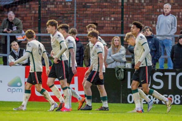 LEYLAND, ENGLAND - Wednesday, May 4, 2022: Liverpool’s James Norris scores the opening goal and celebrates with teammates during the Lancashire Senior Cup Final match between Burnley FC Under-23's and Liverpool FC Under-23's at the County Ground. (Pic by Sam Fielding/Propaganda)