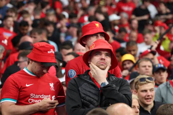 PARIS, FRANCE - Saturday, May 28, 2022: Liverpool supporters before the UEFA Champions League Final game between Liverpool FC and Real Madrid CF at the Stade de France. (Photo by David Rawcliffe/Propaganda)