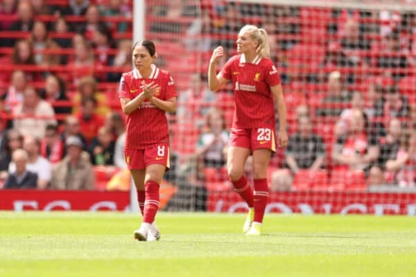 LIVERPOOL, ENGLAND - Sunday, May 4, 2025:  Fuka Nagano of Liverpool Women looks dejected during the FA Women’s Super League game between Liverpool FC Women and Everton FC Women, the Women's Merseyside Derby, at Anfield. (Photo by Ryan Browne/Propaganda)