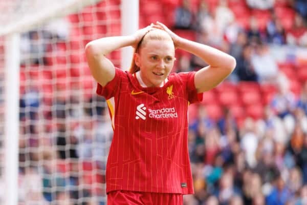 LIVERPOOL, ENGLAND - Sunday, May 4, 2025:  Ceri Holland of Liverpool Women shoots and reacts during the FA Women’s Super League game between Liverpool FC Women and Everton FC Women, the Women's Merseyside Derby, at Anfield. (Photo by Ryan Browne/Propaganda)