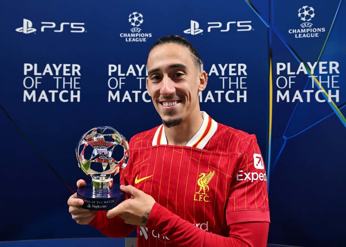 LEIPZIG, GERMANY - OCTOBER 23: Kostas Tsimikas of Liverpool poses for a photo with the PlayStation Player Of The Match award after the UEFA Champions League 2024/25 League Phase MD3 match between RB Leipzig and Liverpool FC at Leipzig Stadium on October 23, 2024 in Leipzig, Germany. (Photo by Oliver Hardt - UEFA/UEFA via Getty Images)