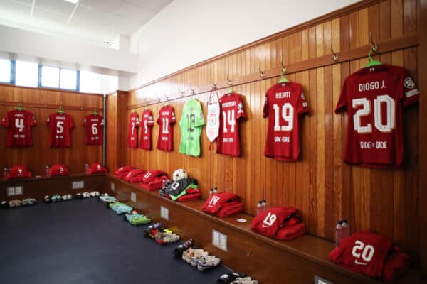 GLASGOW, SCOTLAND - OCTOBER 12: A general view inside the Liverpool dressing room prior to the UEFA Champions League group A match between Rangers FC and Liverpool FC at Ibrox Stadium on October 12, 2022 in Glasgow, Scotland. (Photo by Jan Kruger - UEFA/UEFA via Getty Images)